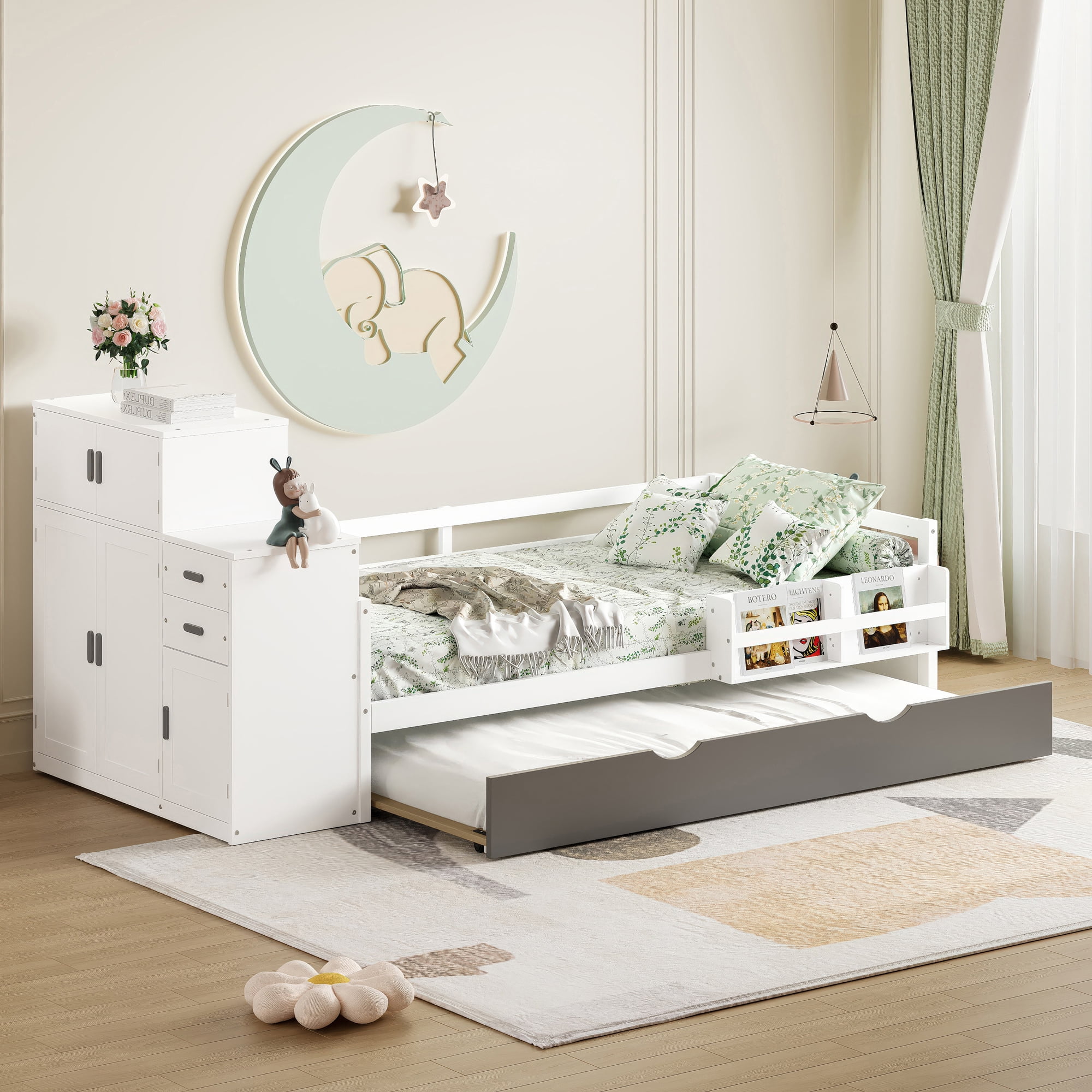 Euroco Wood Twin Size Daybed with Trundle, Storage Bed with Bookcase and Wardrobe, White