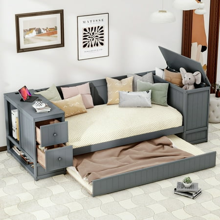 Euroco Wood Twin Size Daybed with Trundle, Storage Cabinets with Shelves and Drawers, Charging Station Sofa Bed, Gray