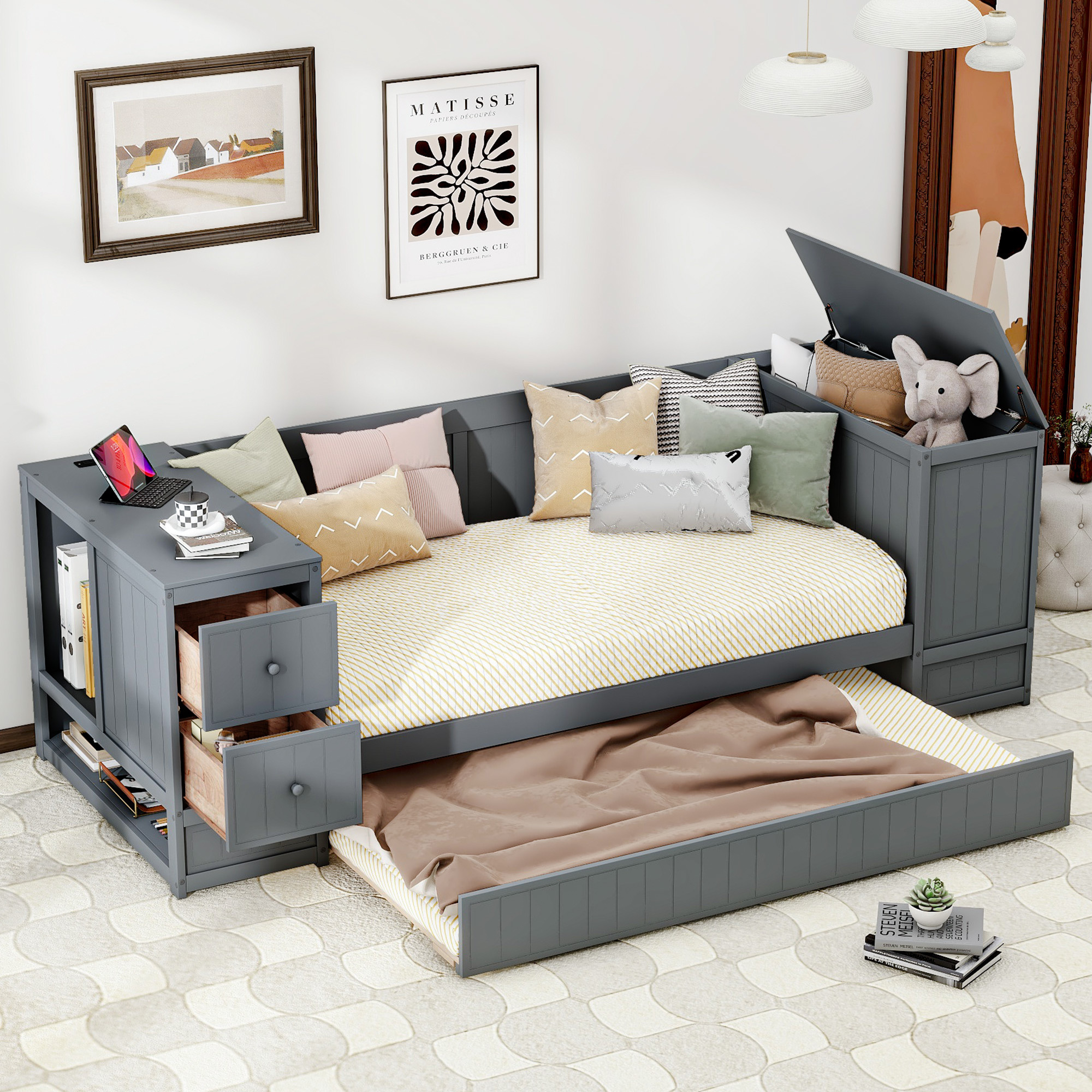 Euroco Wood Twin Size Daybed With Trundle Storage Cabinets With Shelves And Drawers Charging Station Sofa Bed Gray: A Straightforward Review