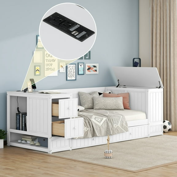 Euroco Wood Twin Size Daybed with Trundle, Storage Cabinets with Shelves and Drawers, Charging Station Sofa Bed, White