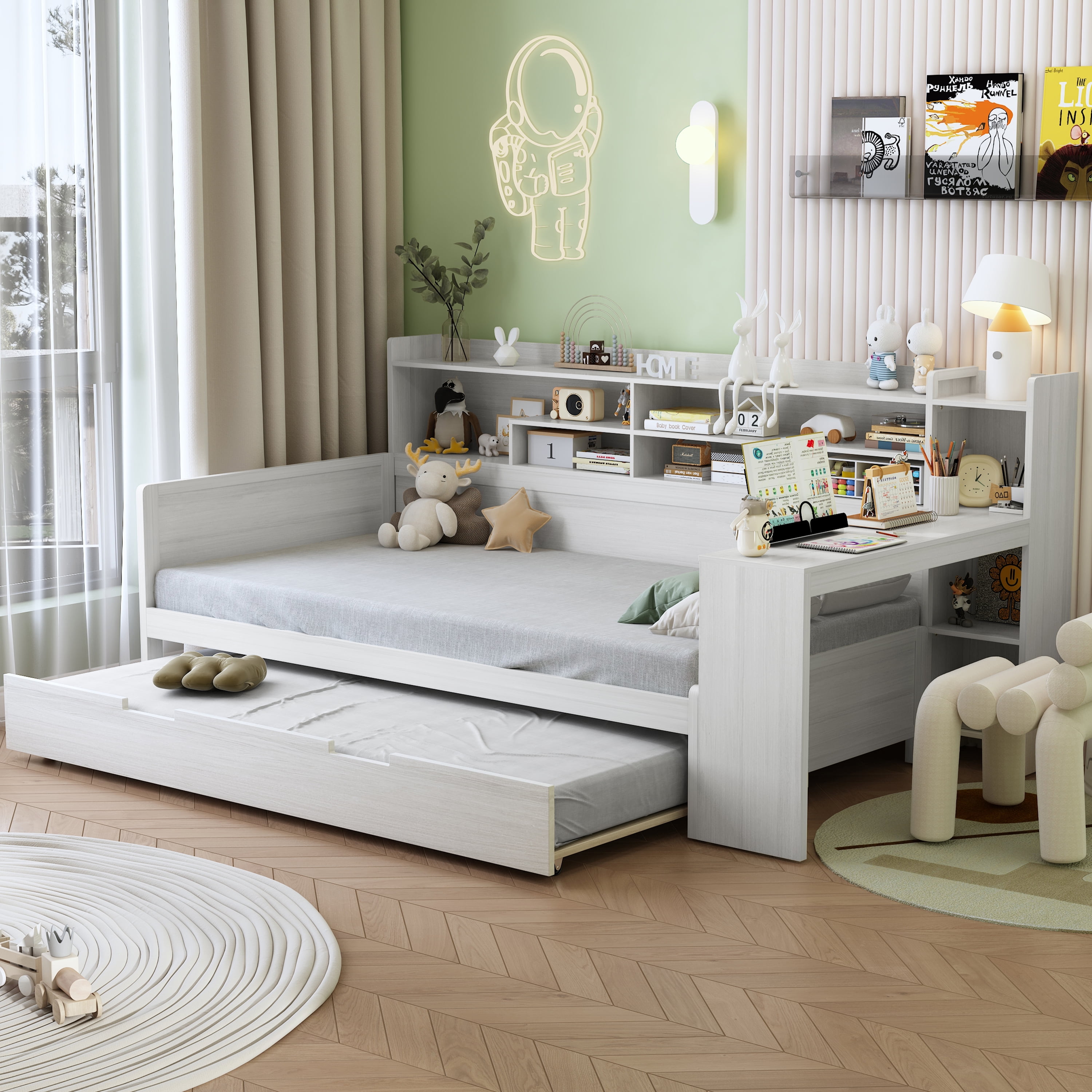 Euroco Wood Twin Size Daybed with Trundle, Storage Captain Bed with Desk and Shelves, Twin