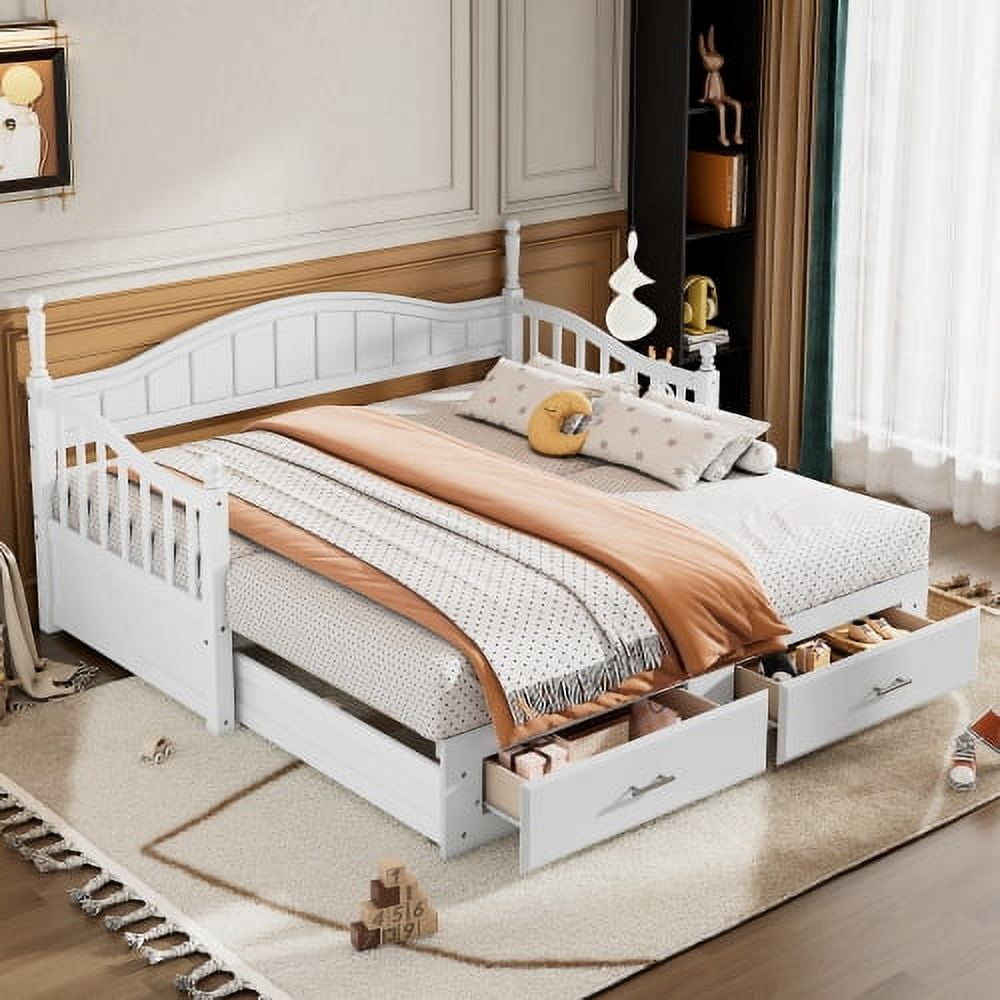 Euroco Wood Twin Size Daybed with Trundle and Drawers, Extendable Bed, White