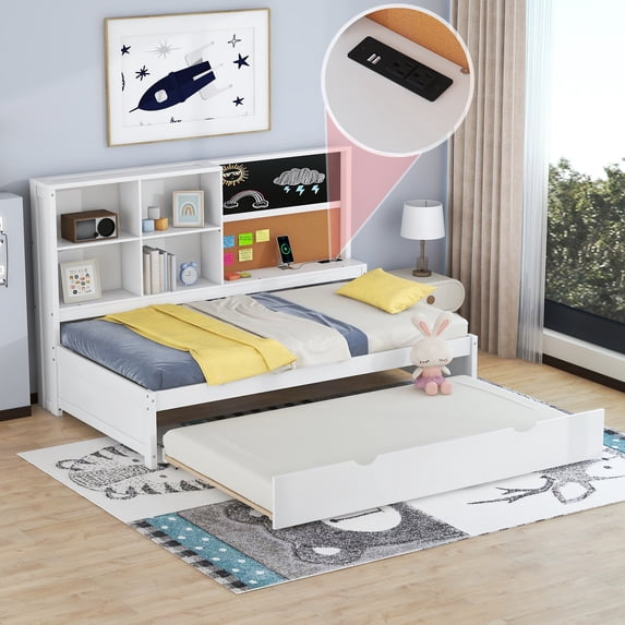 Euroco Wood Twin Size Daybed with Trundle and USB Ports, Captain Bed with Storage Headboard, Blackboard and Cork Board, White