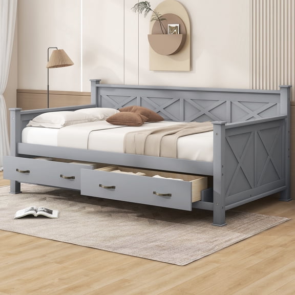 Euroco Wood Twin Size Daybed with Two Storage Drawers for Bedroom, Gray