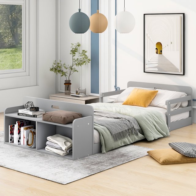 Euroco Wood Twin Size Floor Bed, Twin Platform Bed with Storage Desk