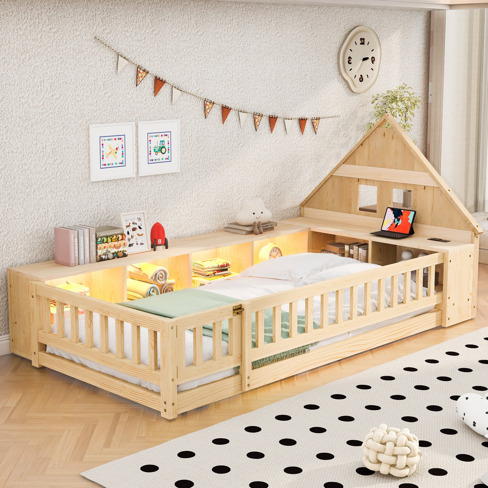 Euroco Wood Twin Size Floor Bed with Storage Shelves and Cabinets, Platform Bed with Guardrails, LED Light and USB Charge, Natural