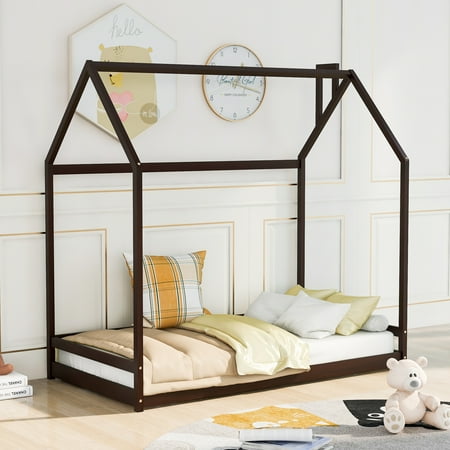 Euroco Wood Twin Size House Bed, Low Profile Platform Bed, Espresso