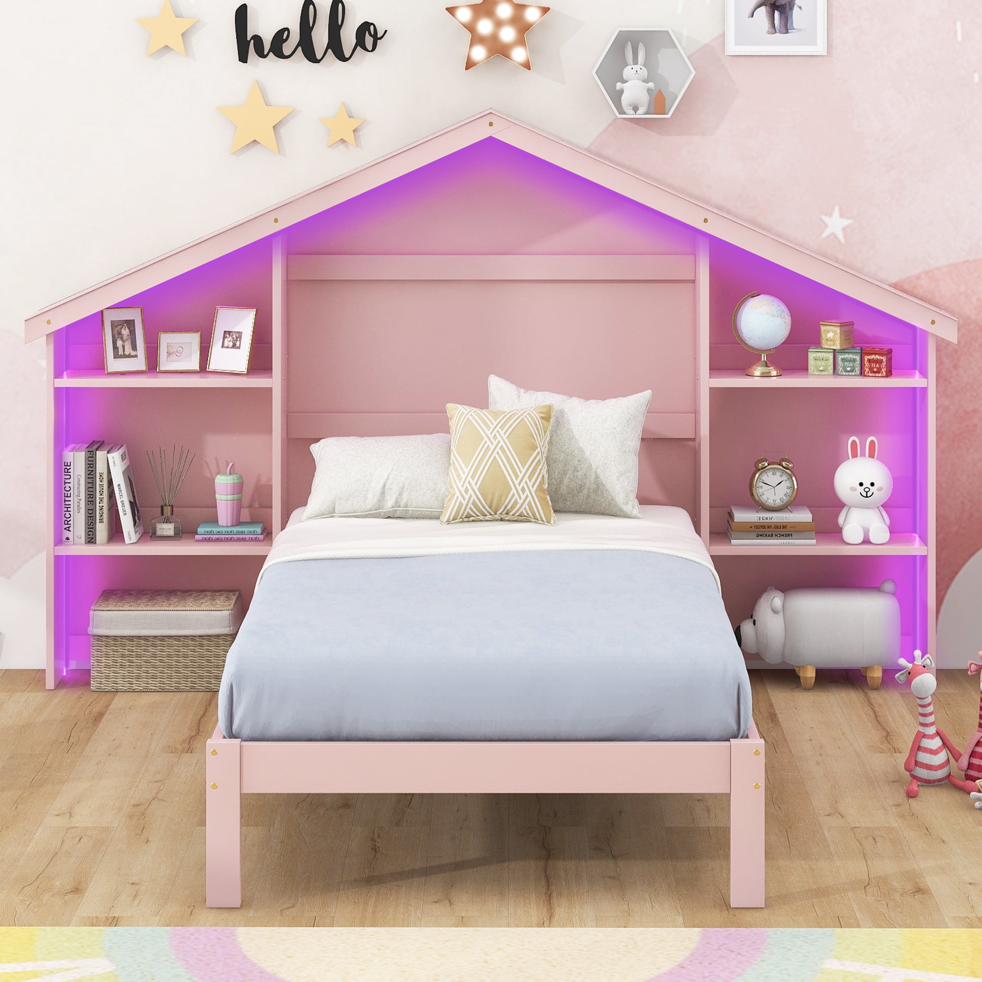 Euroco Wood Twin Size House Bed, Twin Platform Bed with Storage Headboard and LED Light for Kids, Pink