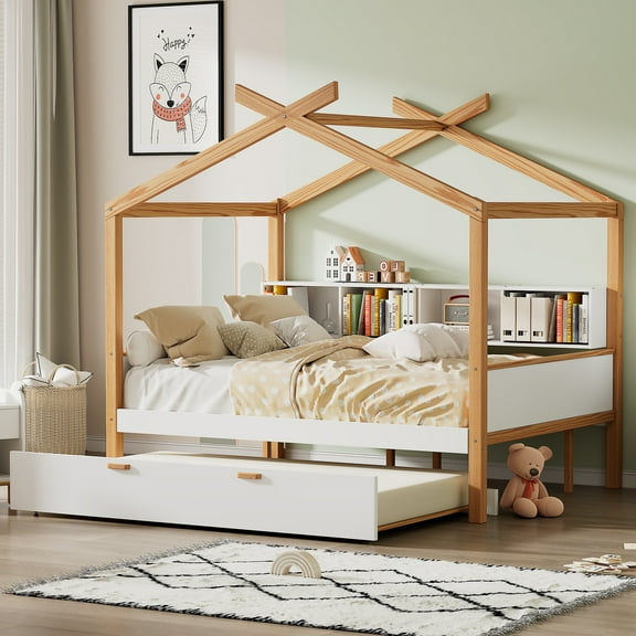 Euroco Wood Twin Size House Bed with Bookcase and Trundle Bed, White