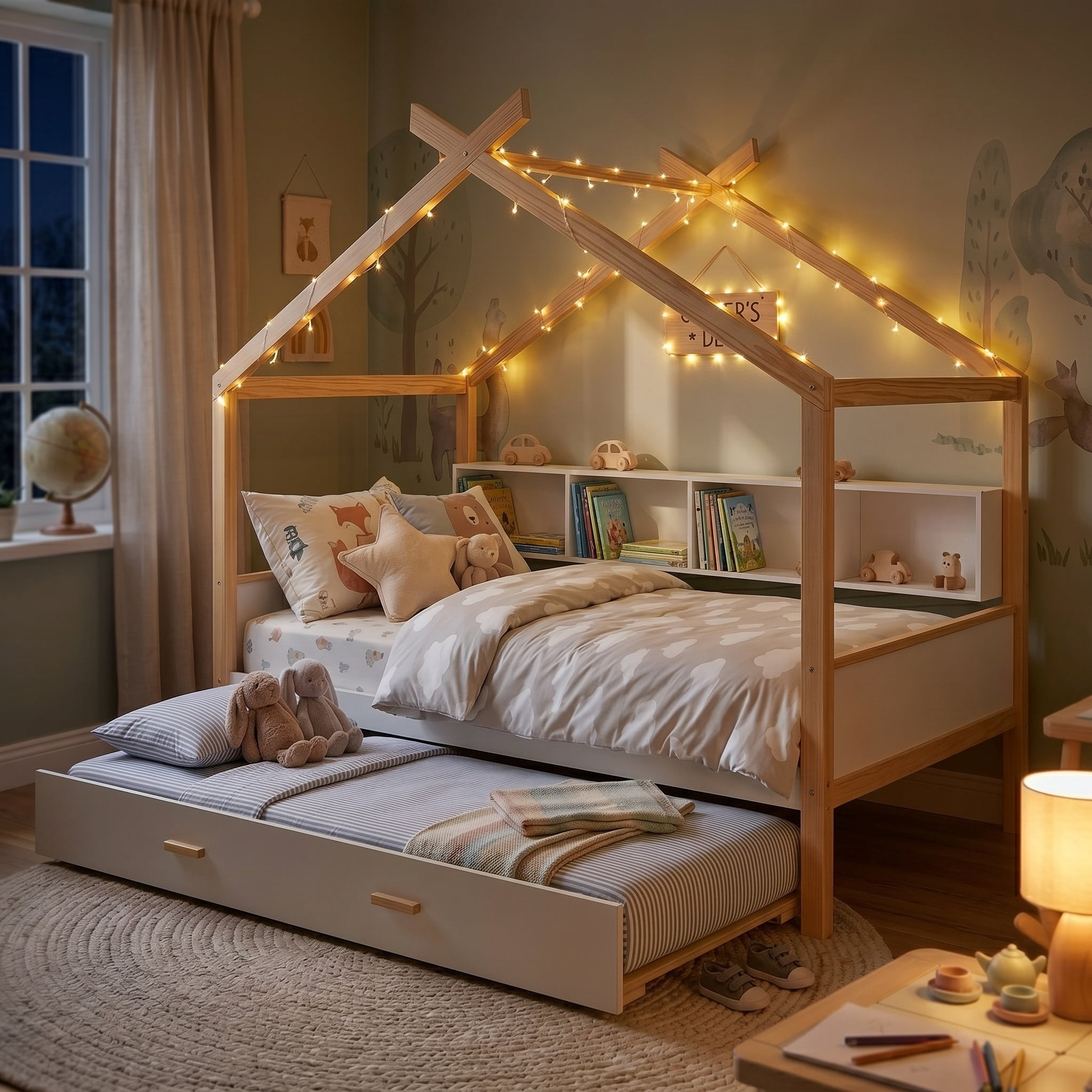 Euroco Wood Twin Size House Bed with Bookcase and Trundle Bed, White