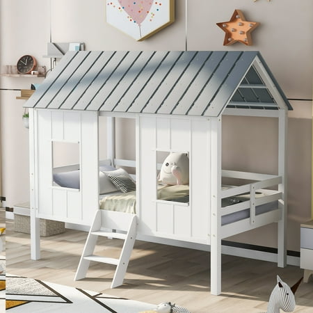 Euroco Wood Twin Size House Bed with Ladder for Kids Teens, Low Loft Bed, White