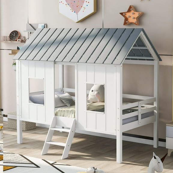 Euroco Wood Twin Size House Bed with Ladder for Kids Teens, Low Loft Bed, White