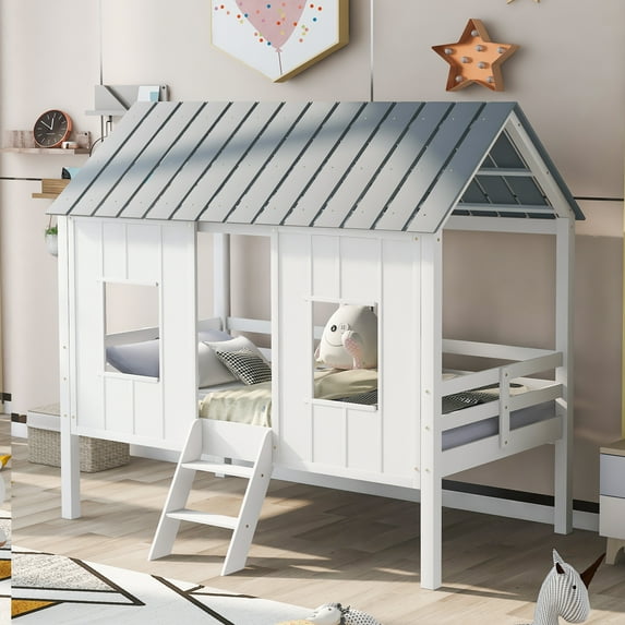 Euroco Wood Twin Size House Bed with Ladder for Kids Teens, Low Loft Bed, White