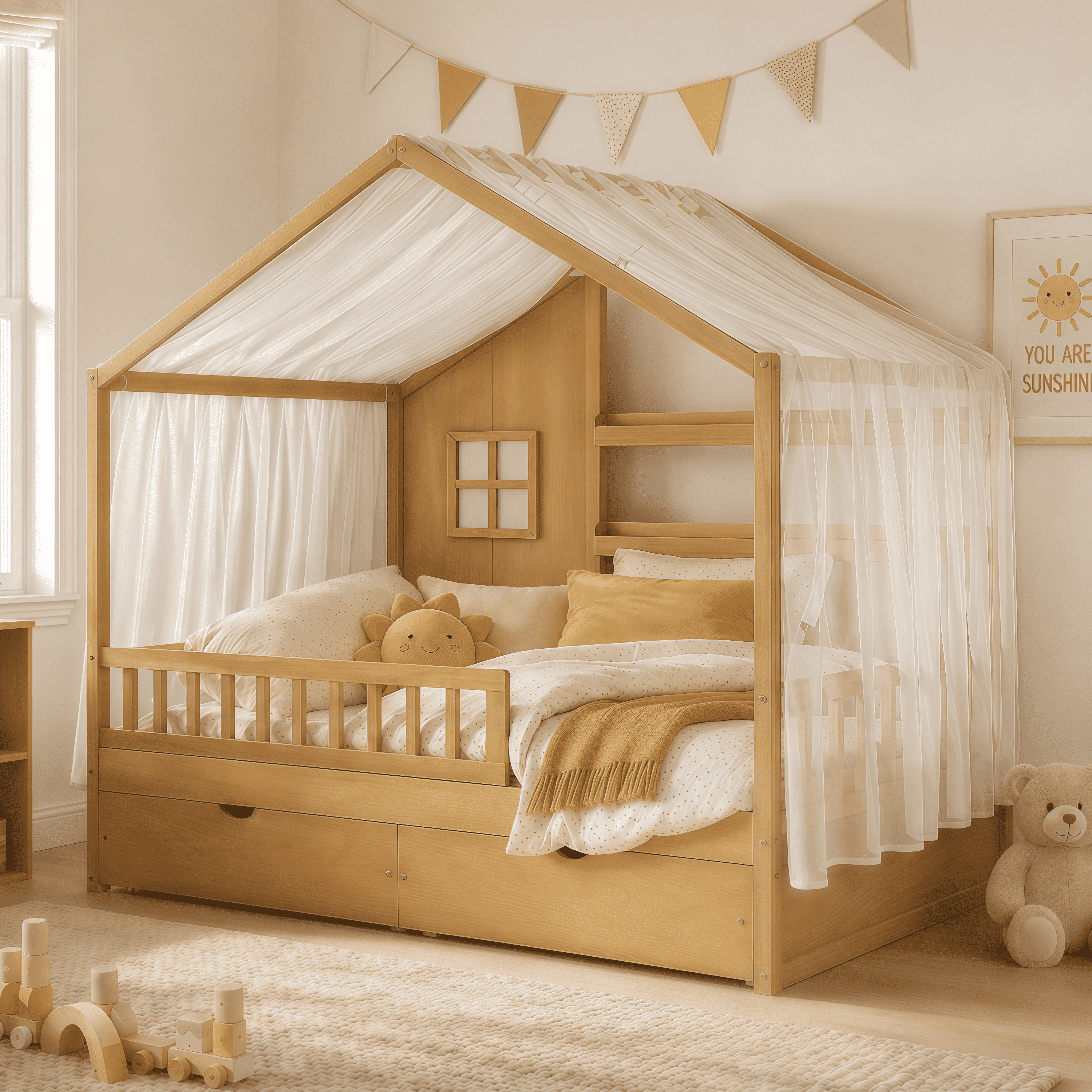 Euroco Wood Twin Size House Bed with Roof and Curtains, Montessori Floor Bed with Drawers and Safety Guardrails,No Box Spring Needed, Natural