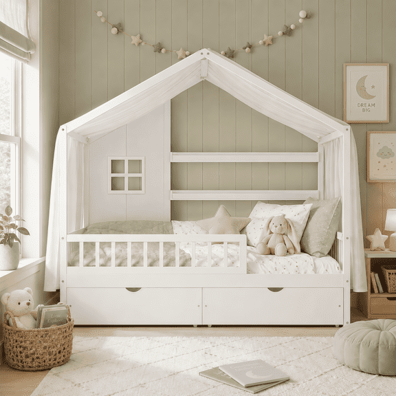 Euroco Wood Twin Size House Bed with Roof and Curtains, Montessori Floor Bed with Drawers and Safety Guardrails,No Box Spring Needed, White