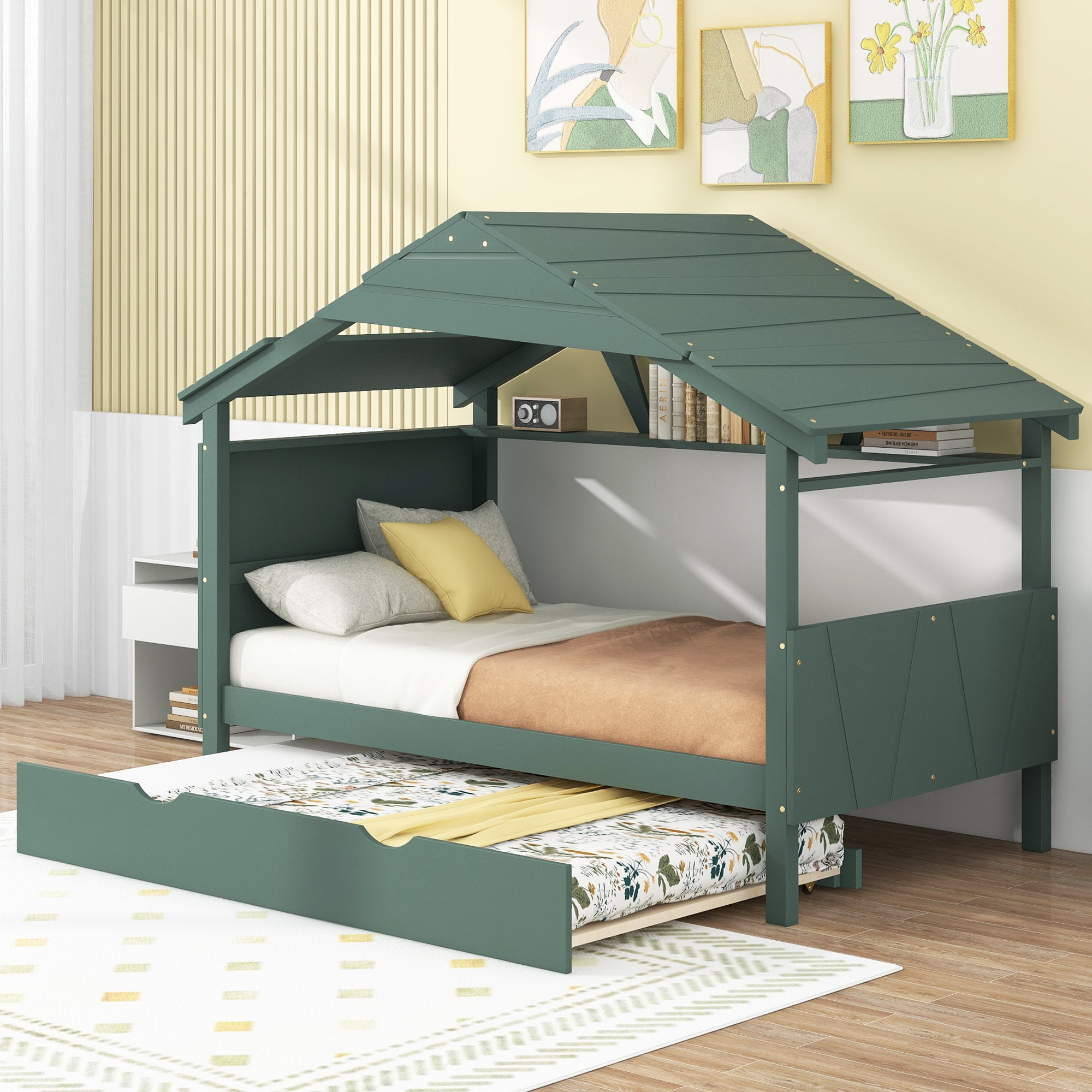 Euroco Wood Twin Size House Bed with Trundle and Builtin Shelf, Low