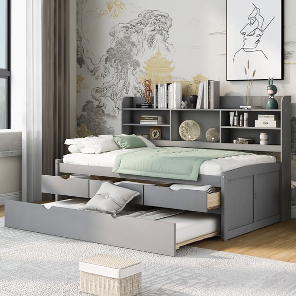 Euroco Wood Twin Size Captain Bed with Trundle and Drawers, Light Grey