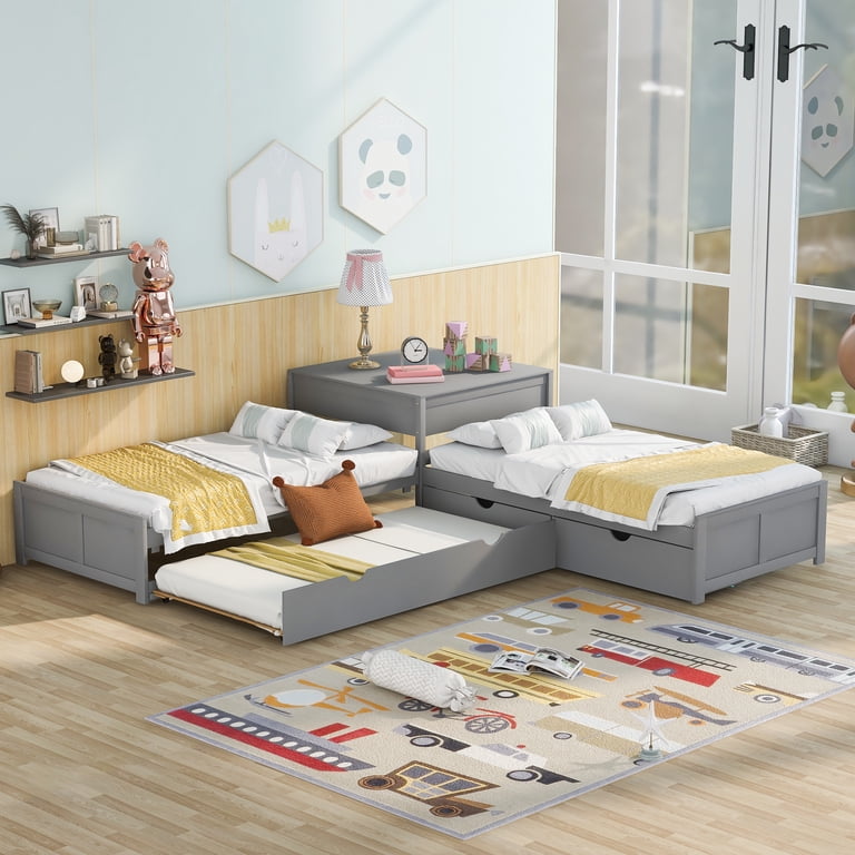 Euroco Wood Kids Twin Size L-Shaped Platform Beds with Square