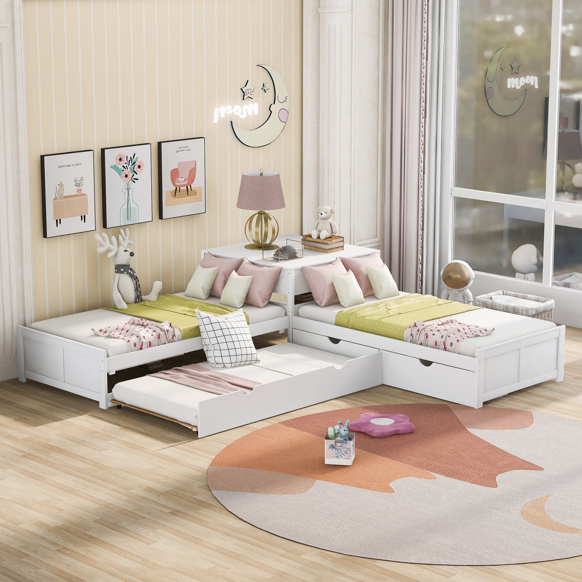Euroco Wood  Kids Twin Size L-Shaped Platform Beds with Square Storage Table & Trundle, White