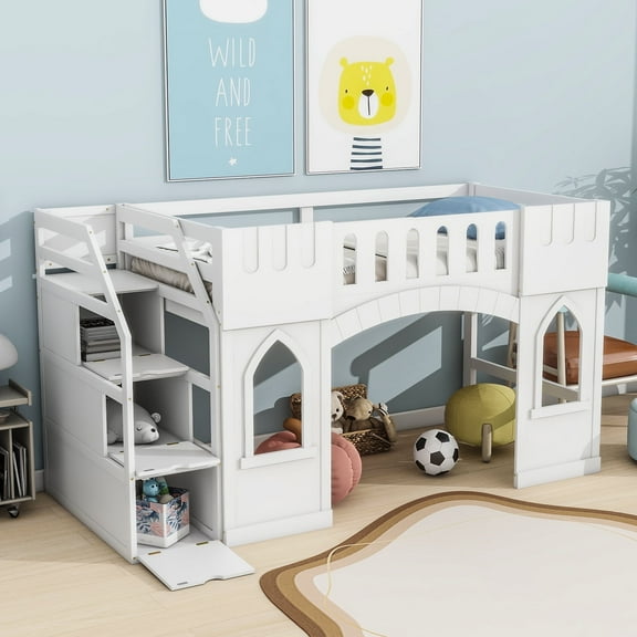 Euroco Wood Twin Size Loft Bed, Castle House Bed with Storage Staircase, White