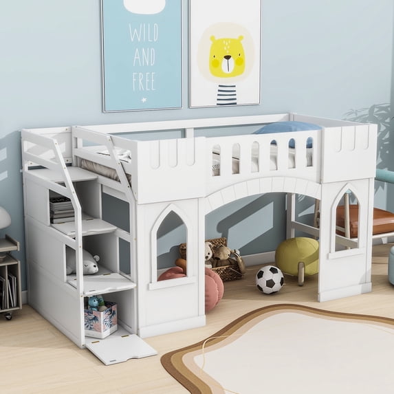 Euroco Wood Twin Size Loft Bed, Castle House Bed with Storage Staircase, White