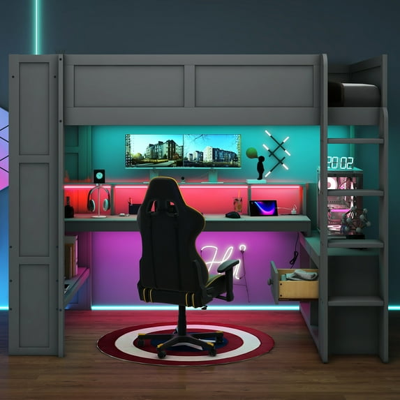 Euroco Wood Twin Size Loft Bed Frame, Gaming Bed with Desk and Shelves, USB Charging Station and LED Light for Kids Teens, Dark Gray
