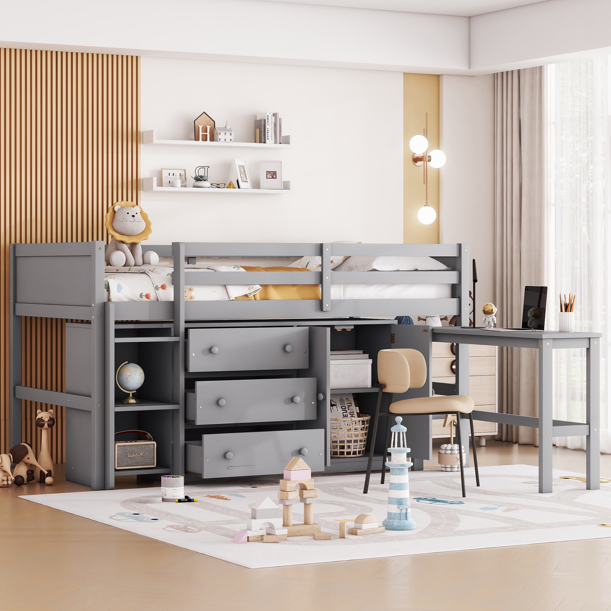 Euroco Wood Twin Size Loft Bed Frame with Drawers, Portable Desk and Shelves for Kids