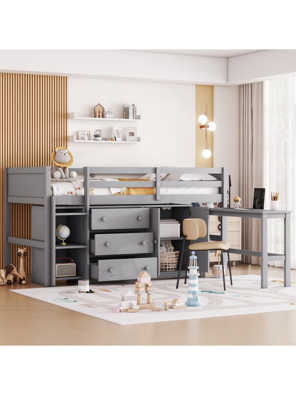 Wood Twin Size Loft Bed Frame with Drawers, Portable Desk and Shelves for Kids
