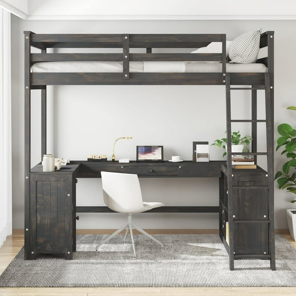 Euroco Wood Twin Size Loft Bed Frame with Bookcase, Drawers, Under Bed Desk and Shelves, Antique Brown