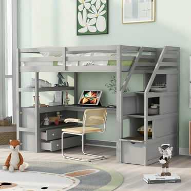 Euroco Wood Twin Size Loft Bed Frame with Desk, Shelves and Drawers, Gray
