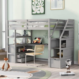 Euroco Wood Twin Size Loft Bed Frame with Desk, Shelves and Drawers for Kids Teens, Gray