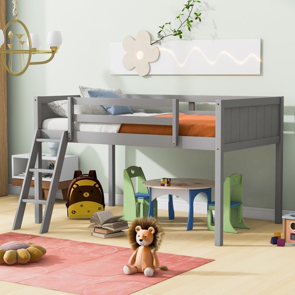 Euroco Wood Twin Size Loft Bed, Low Profile Bed with Ladder, Gray