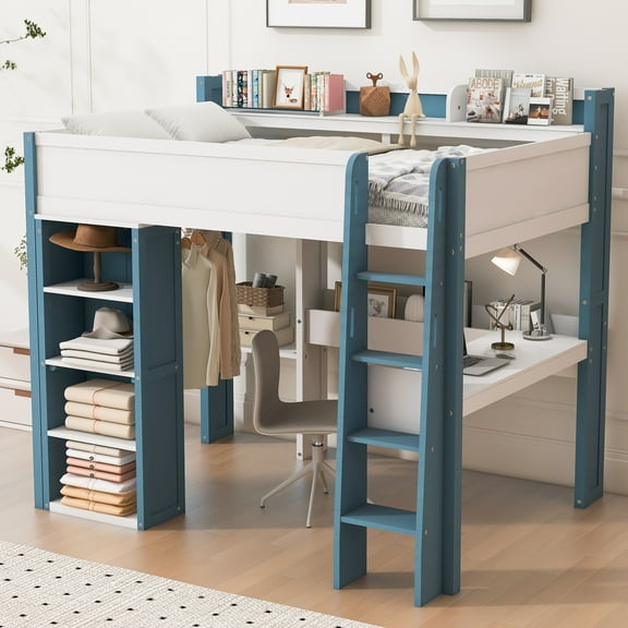 Euroco Wood Full Size Loft Bed with Storage Headboard, Bookcase. Desk and Clothes Hanger, White&Blue