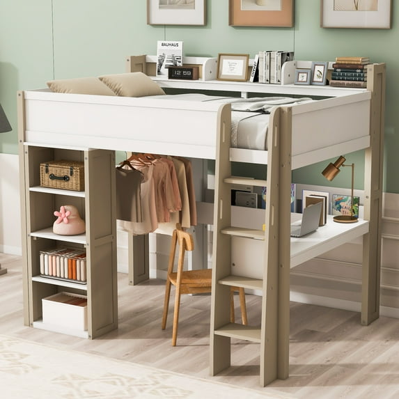 Euroco Wood Full Size Loft Bed with Storage Headboard, Bookcase. Desk and Clothes Hanger, White&Natural