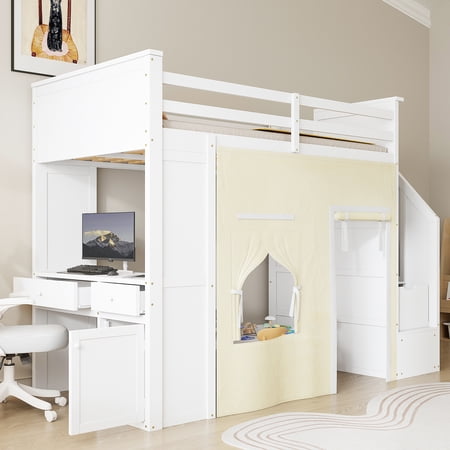 Euroco Wood Twin Size Loft Bed with Desk and Drawers, Storage Bed with Shelves and Curtain, White