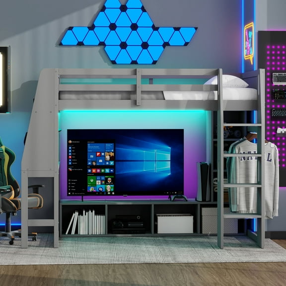 Euroco Modern Wood Twin Size Loft Bed with Desk and Clothes Hanger, Gaming Bed with Shelves and LED Light for Kids Teens, Gray