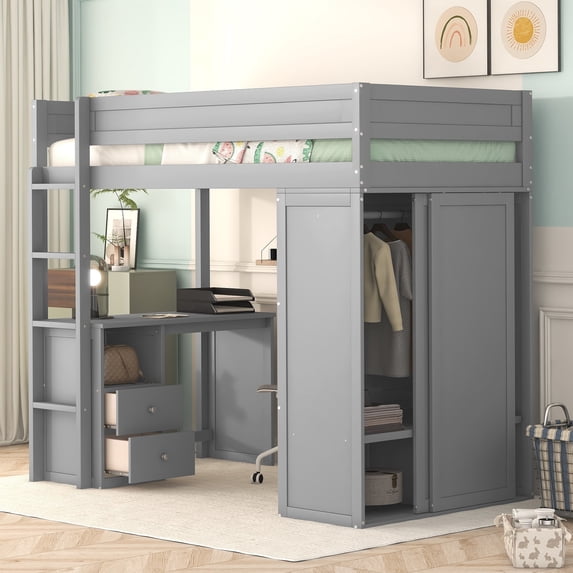 Euroco Wood Twin Size Loft Bed with Desk and Wardrobe, Gray