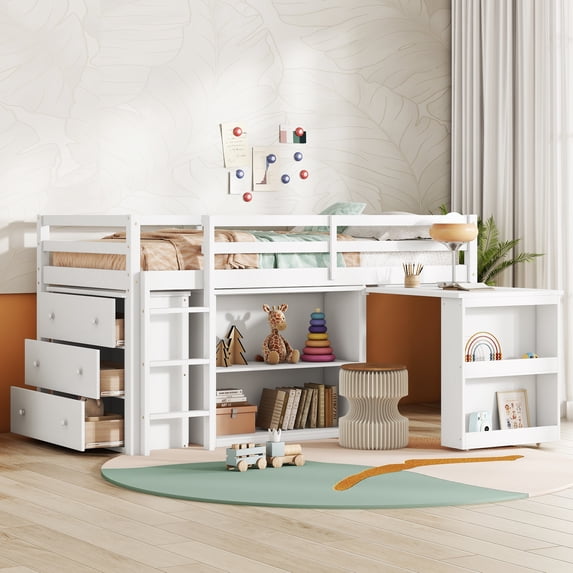 Euroco Wood Twin Size Loft Bed with Drawers and Cabinets, Pulling Out Desk and Shelves, White