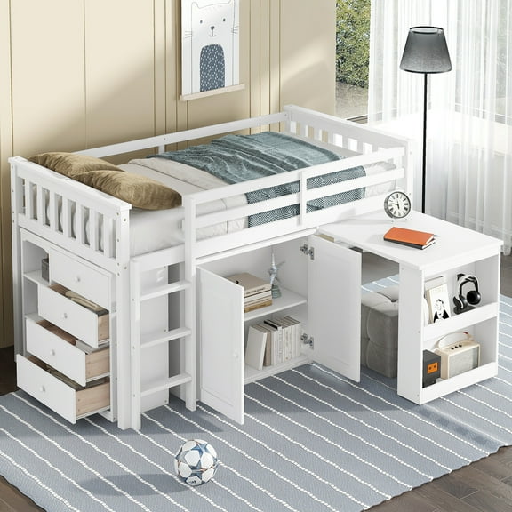 Euroco Wood Twin Size Loft Bed with Drawers and Cabinets, Pulling Out Desk and Shelves, White