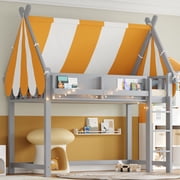 Euroco Wood Twin Size Loft Bed with Shelves, House Canopy Bed with LED Light, Gray