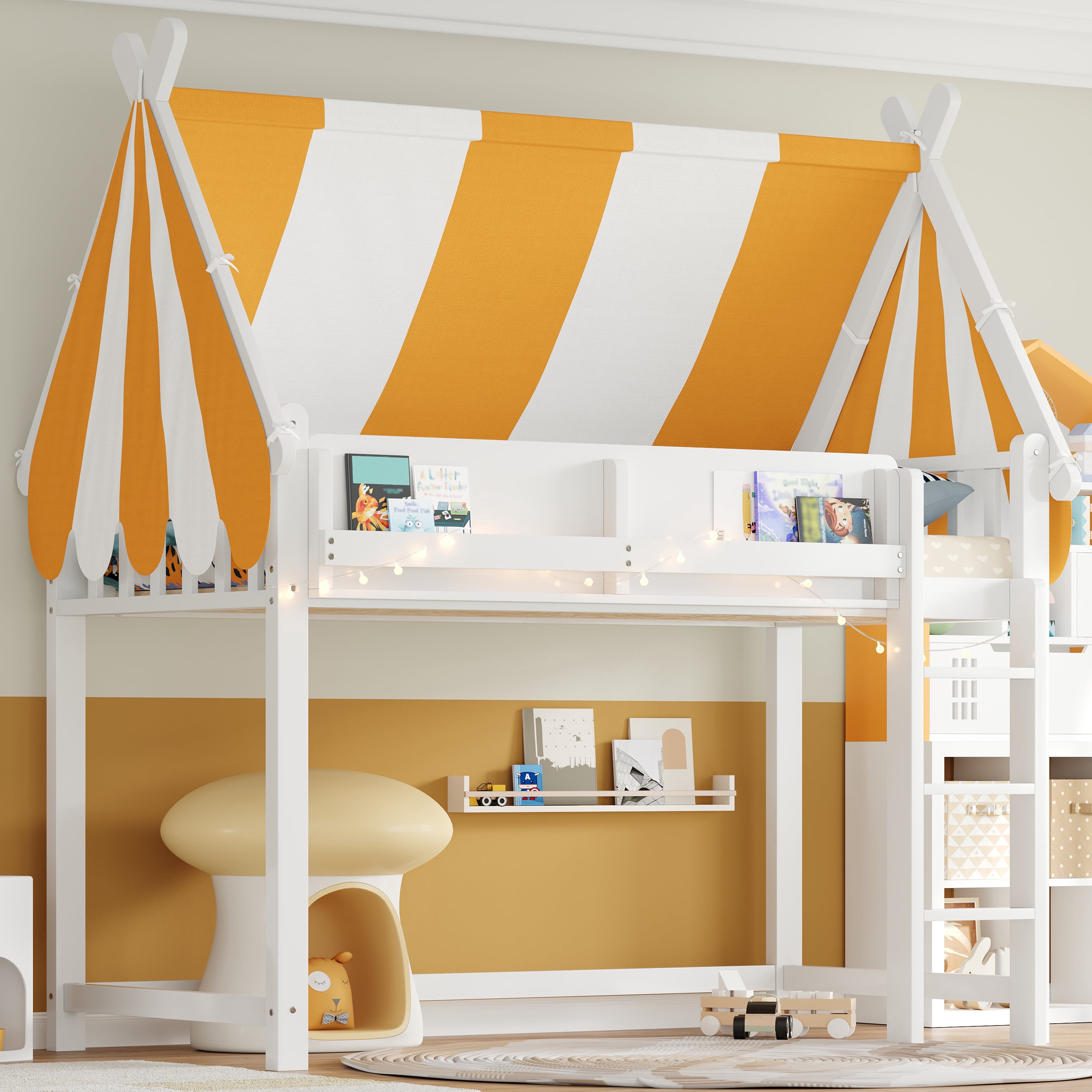 Euroco Wood Twin Size Loft Bed with Shelves, House Canopy Bed with LED Light, White