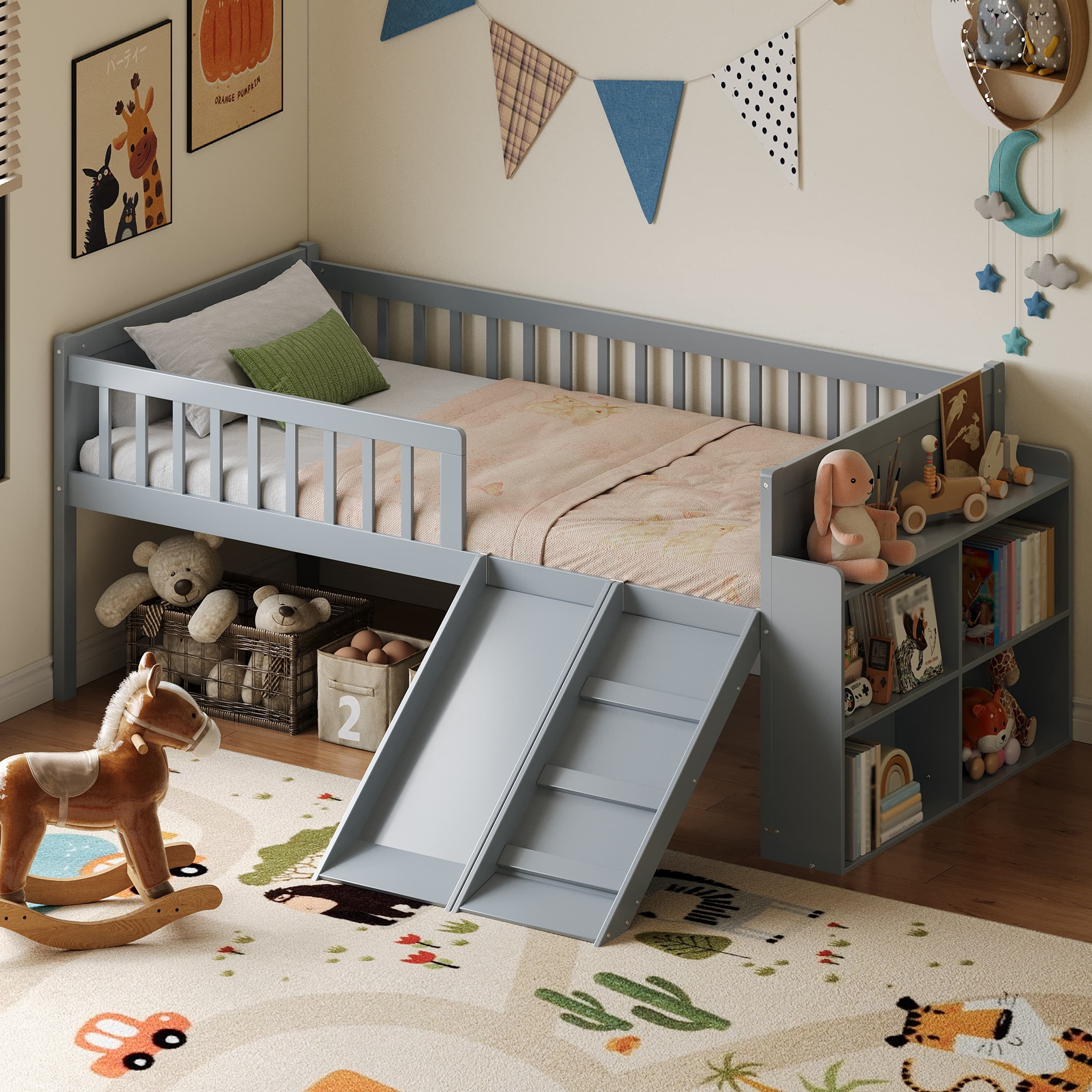 Euroco Wood Twin Size Loft Bed with Slide, Storage Bed with Guardrail ans Shelves, Gray