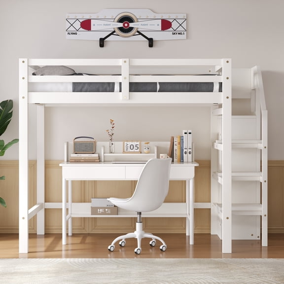 Euroco Wood Full Size Loft Bed with Storage Shelves and Wardrobe, White