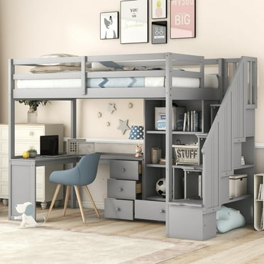 Euroco Wood Twin Size Loft Bed with Storage Cabinet, Dsiplay Case and Desk for Kids Bedroom, Gray