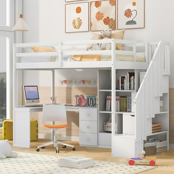 Euroco Wood Twin Size Loft Bed with Storage Cabinet and Desk for Kids, Teens, White