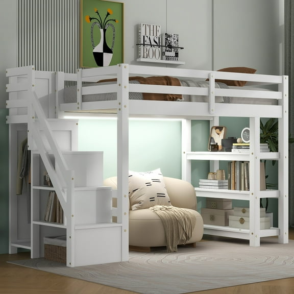 Euroco Wood Twin Size Loft Bed with Storage Staircase and Shelves, LED Light and Wardrobe for Kids, White