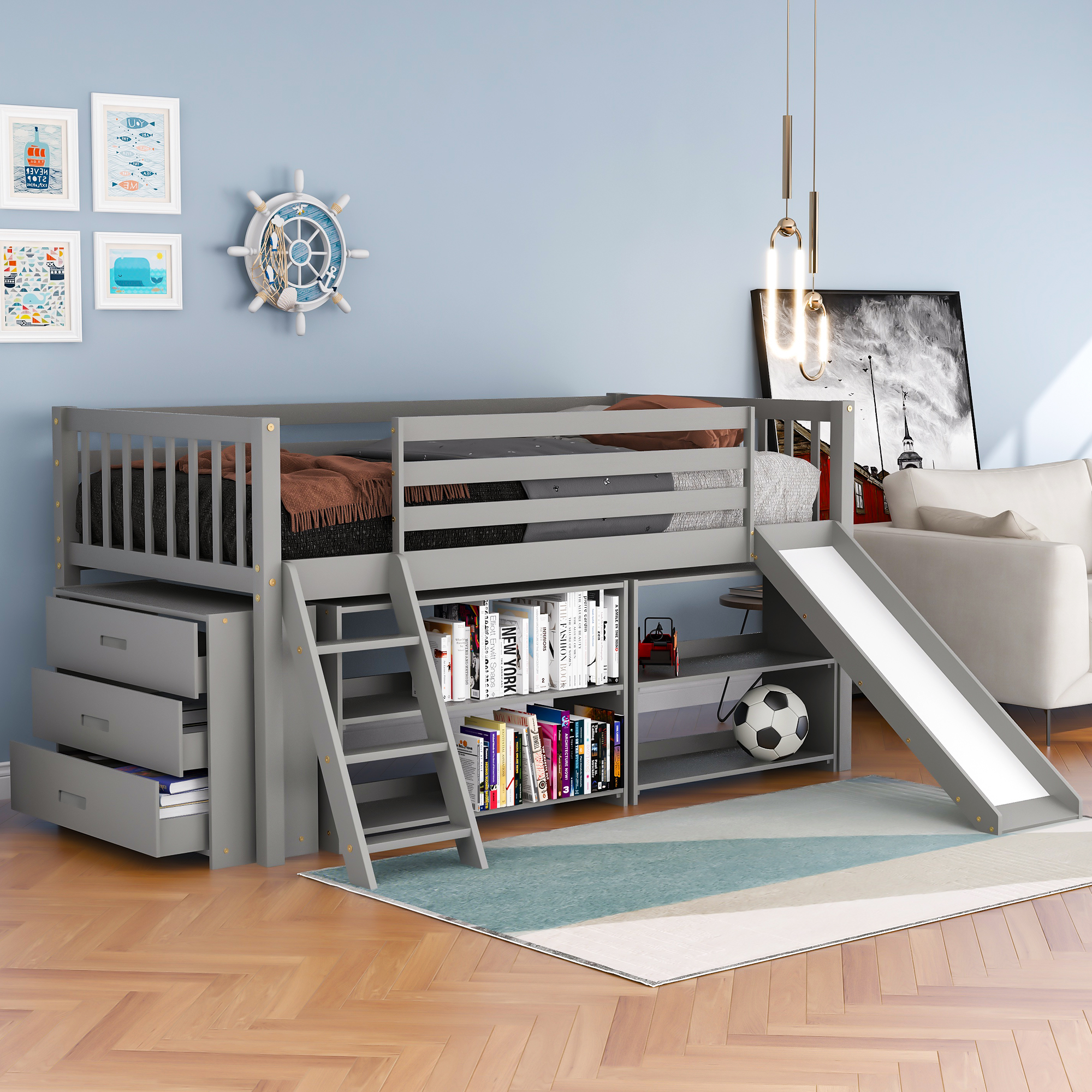 Euroco Wood Twin Size Low Loft Bed with Bookcase, Drawers, Ladder and Slide, Gray - image 1 of 12