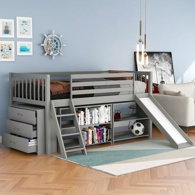 Euroco Wood Twin Size Low Loft Bed with Bookcase, Drawers, Ladder and Slide, Gray