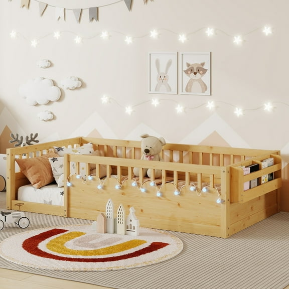 Euroco Wood Twin Size Montessori Floor Bed with Guardrails and LED Light, Kids Bed with Storage Shelves, Natural