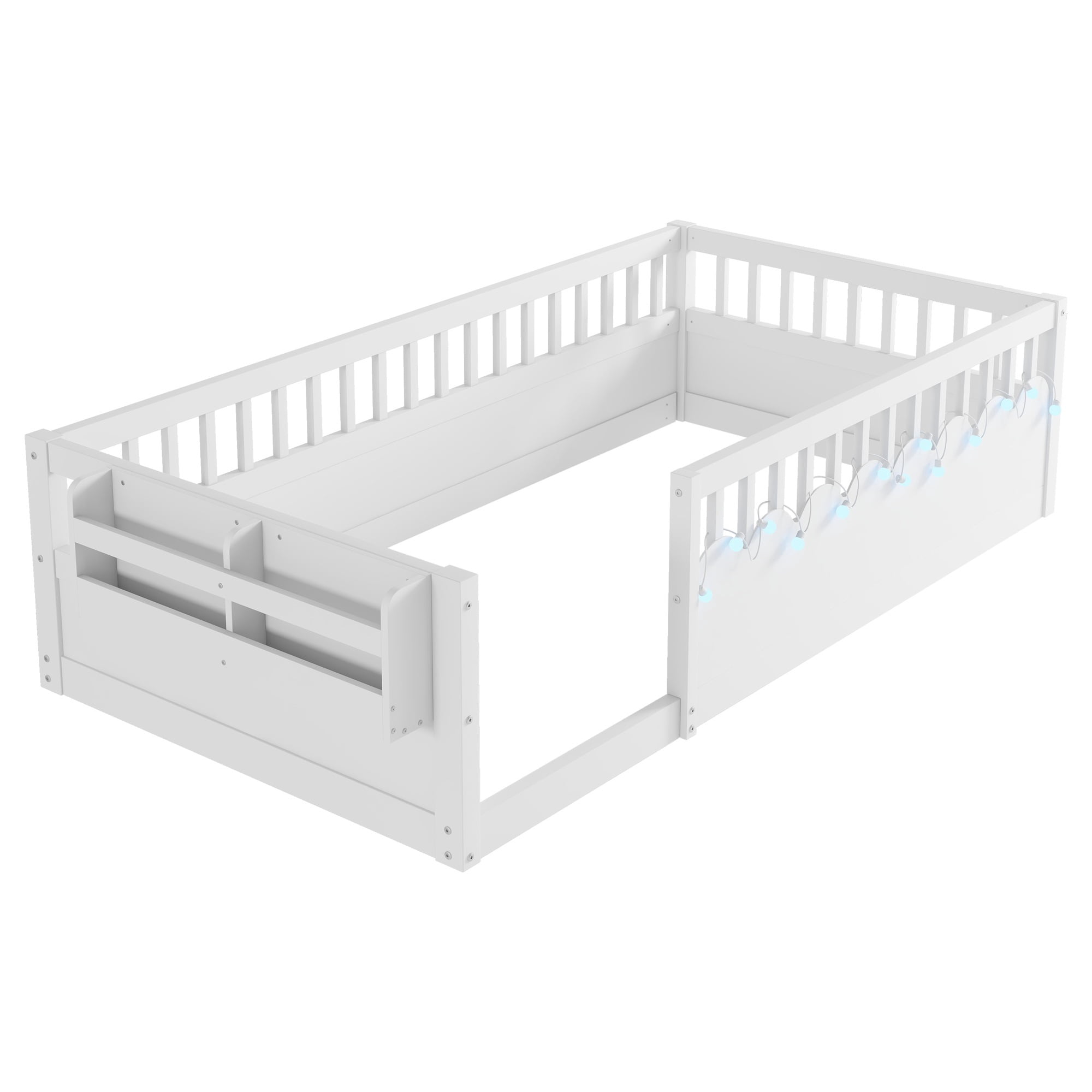 Euroco Wood Twin Size Montessori Floor Bed with Guardrails and LED Light, Kids Bed with Storage Shelves, White